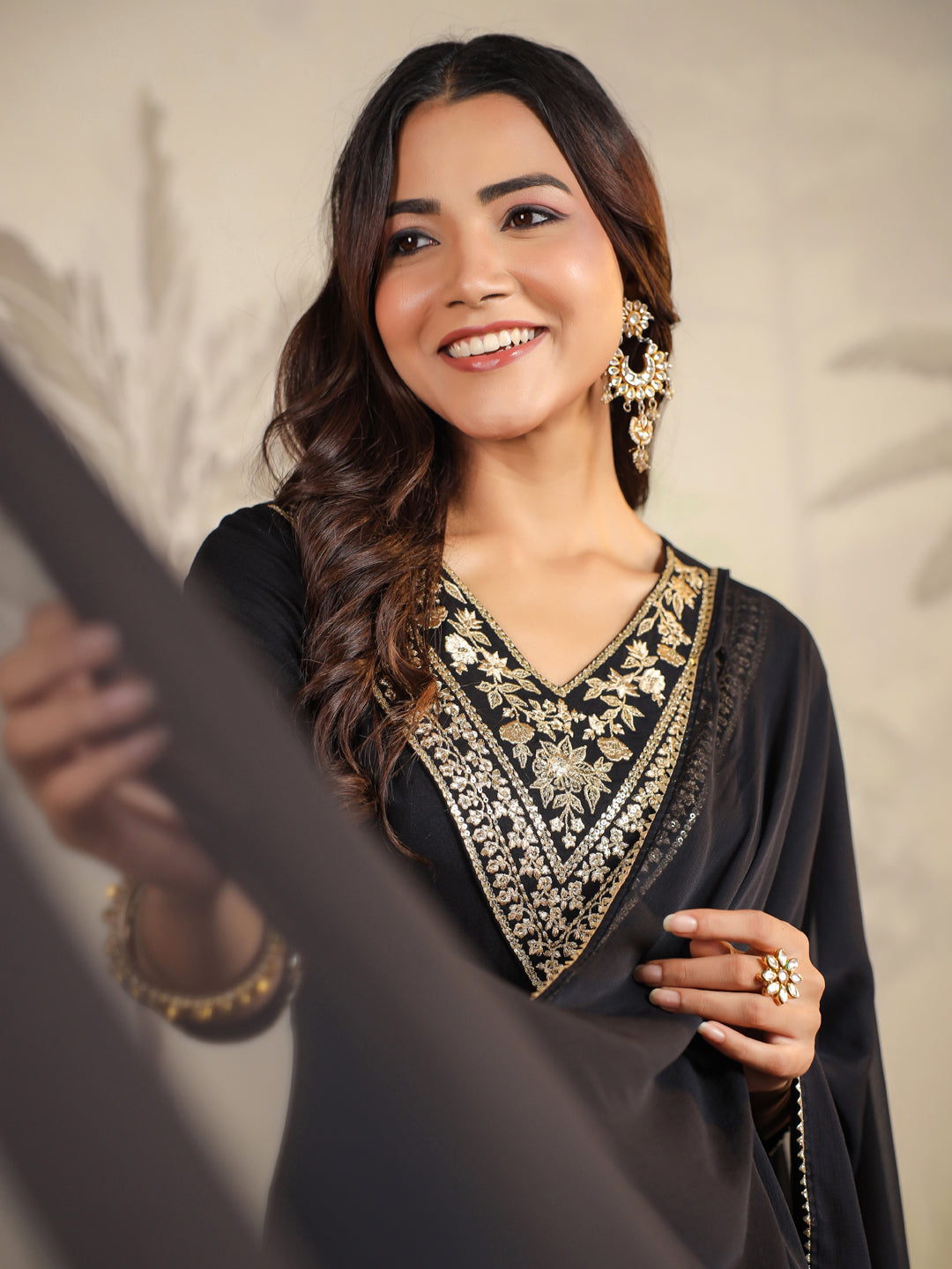 Black Rayon Yoke Embroidered Anarkali Set