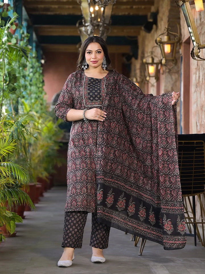 Black-&-Red-Cotton-Print-Straight-Plus-Size-3-Piece-Kurta-Set