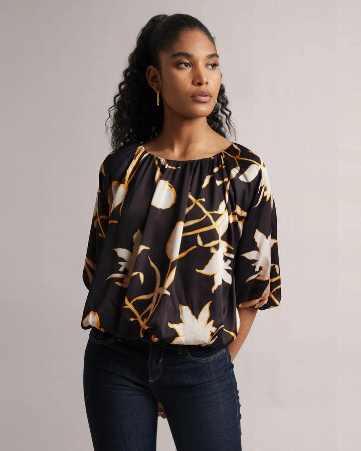 Black Satin Abstract Floral Print Boat-Neck Top Only