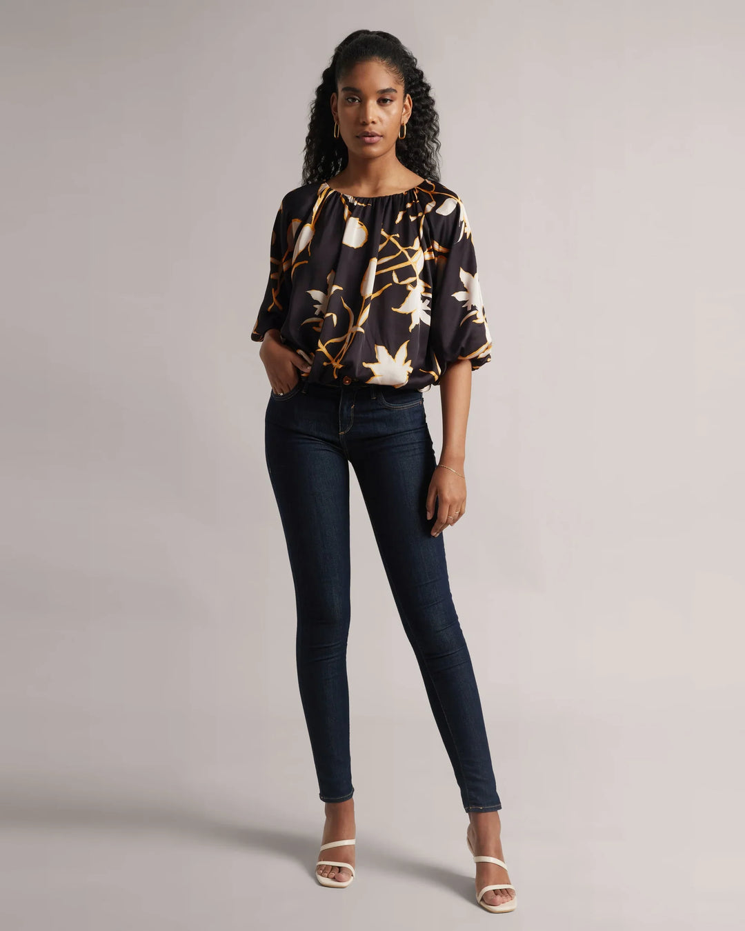 Black Satin Abstract Floral Print Boat-Neck Top Only