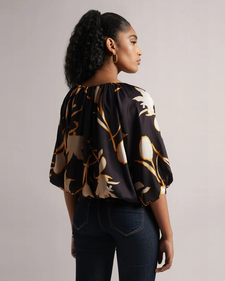 Black Satin Abstract Floral Print Boat-Neck Top Only