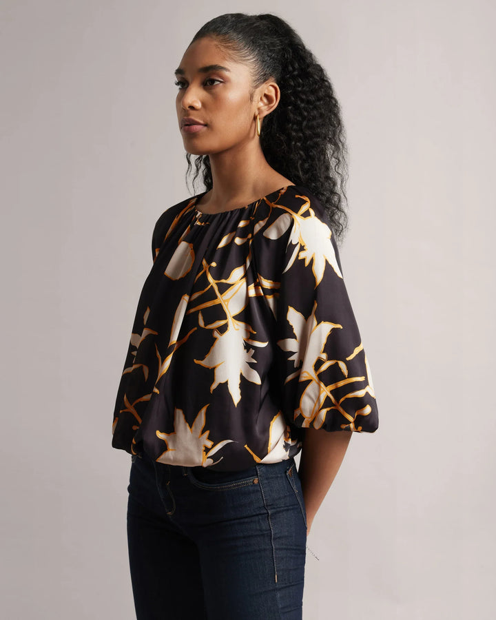 Black Satin Abstract Floral Print Boat-Neck Top Only