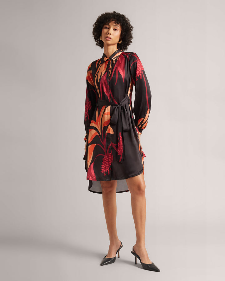 Black Satin Botanic Print Mini Shirt Dress