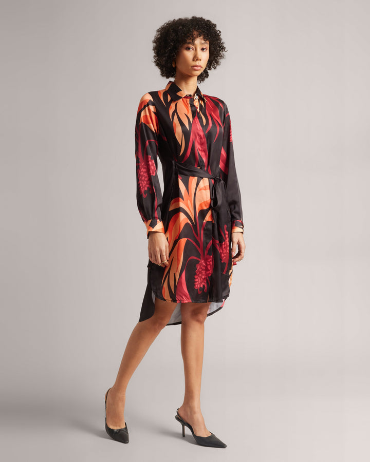 Black Satin Botanic Print Mini Shirt Dress