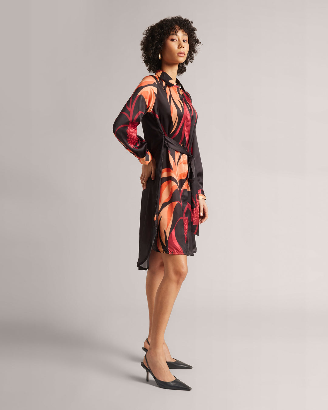 Black Satin Botanic Print Mini Shirt Dress