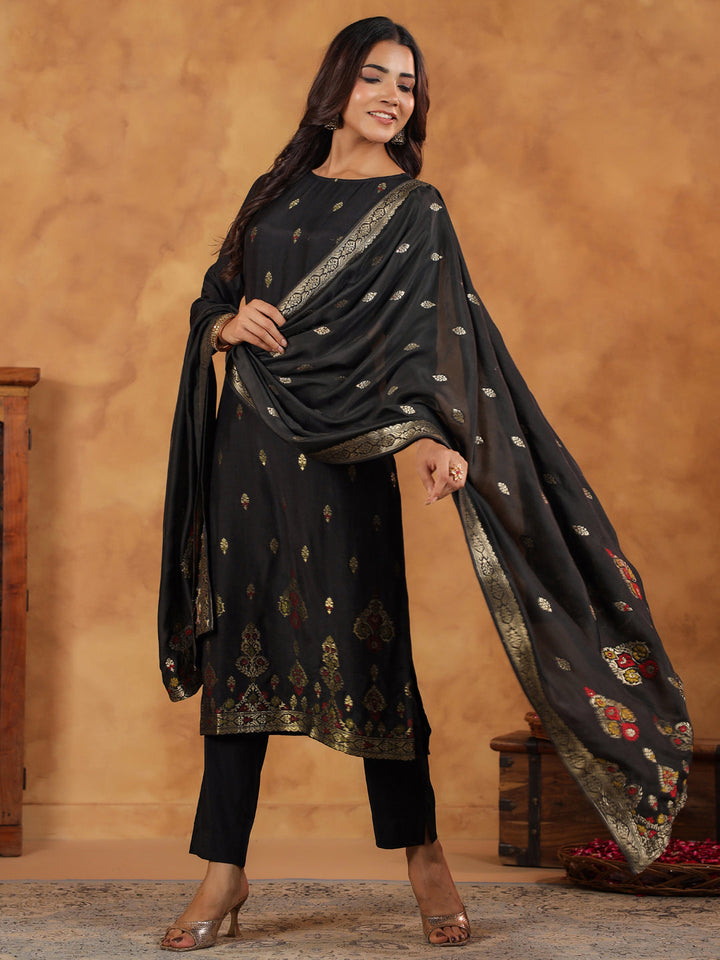 Black Silk Blend All-Over Jacquard Straight Kurta Set