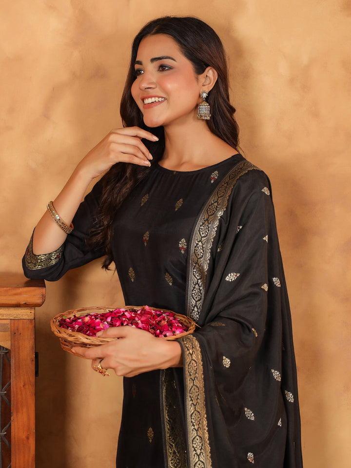 Black Silk Blend All-Over Jacquard Straight Kurta Set