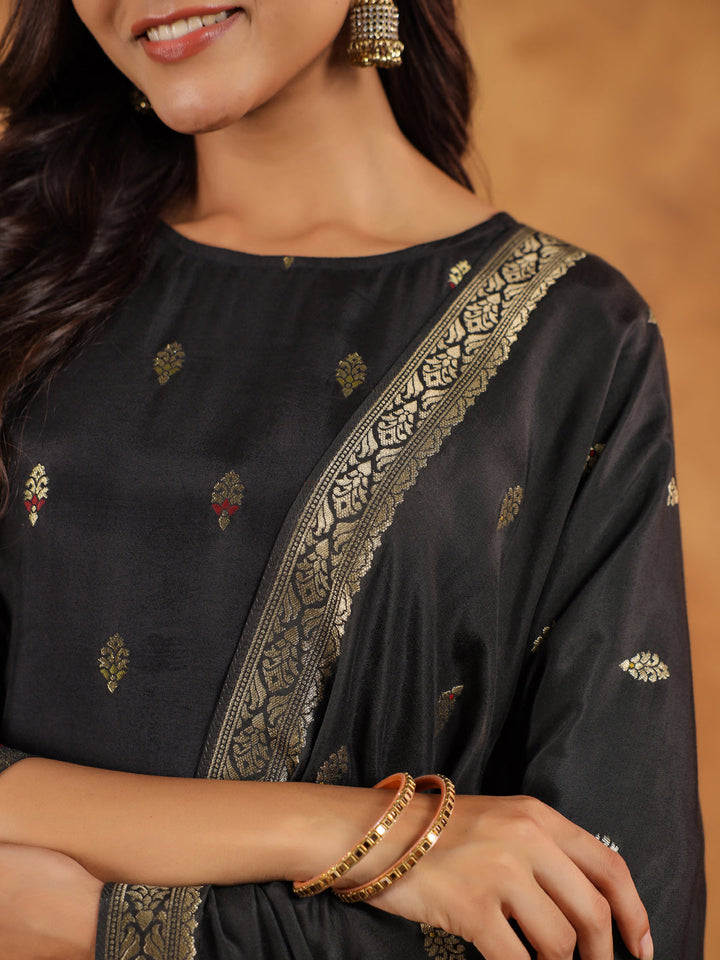 Black Silk Blend All-Over Jacquard Straight Kurta Set