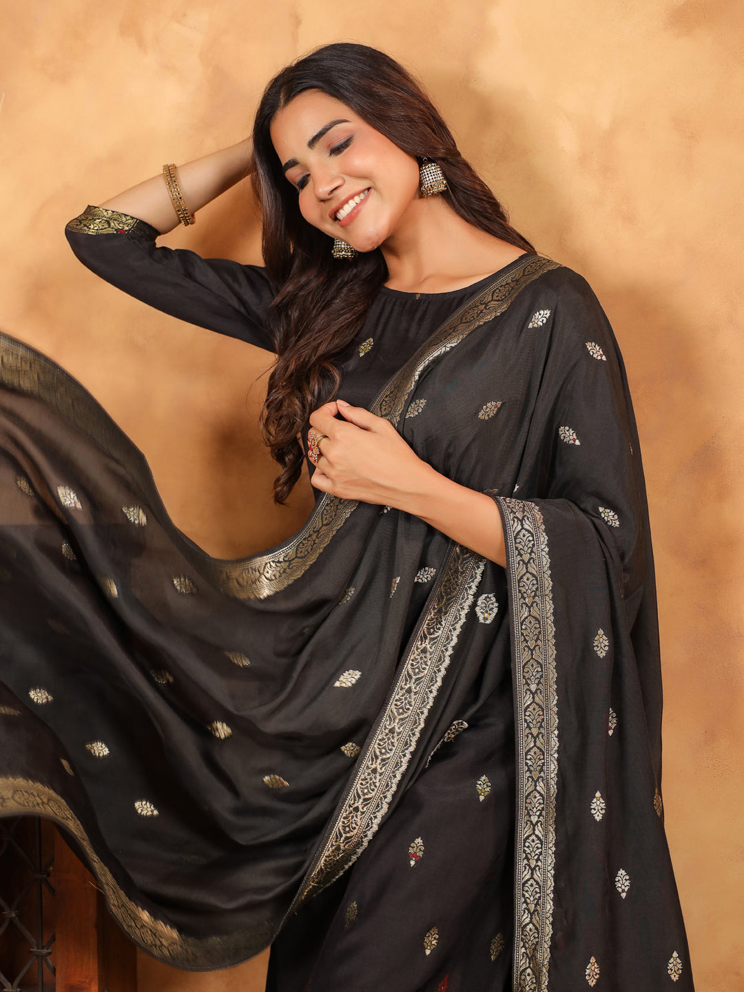 Black Silk Blend All-Over Jacquard Straight Kurta Set