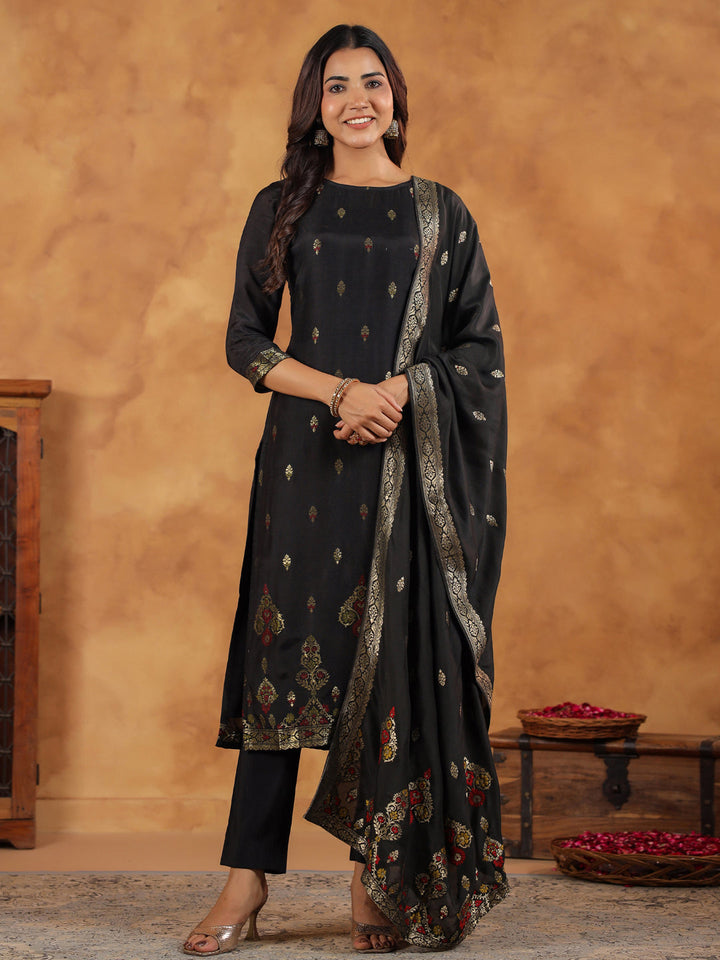 Black Silk Blend All-Over Jacquard Straight Kurta Set