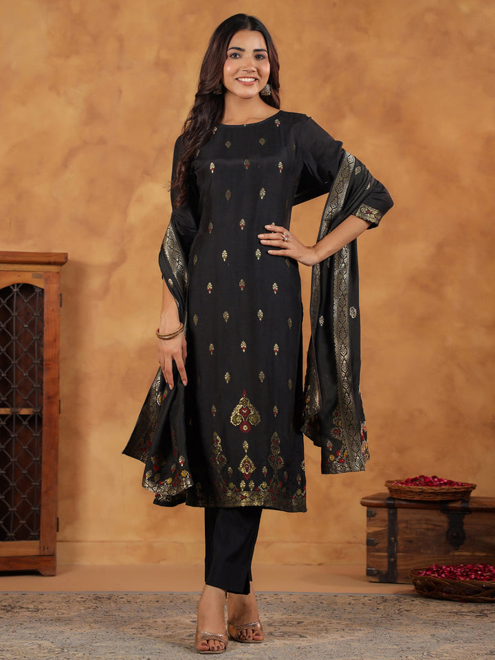 Black Silk Blend All-Over Jacquard Straight Kurta Set