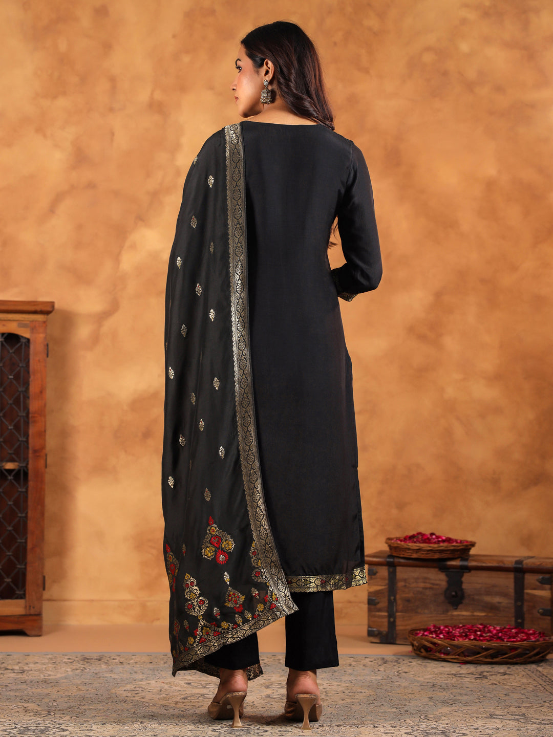 Black Silk Blend All-Over Jacquard Straight Kurta Set