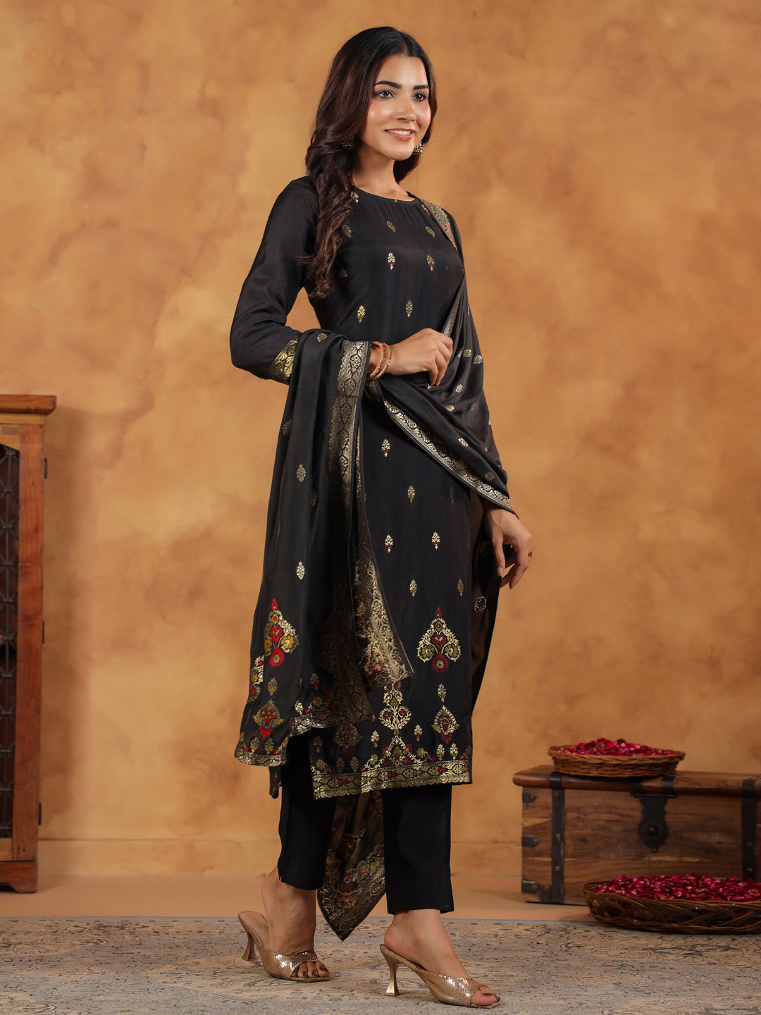 Black Silk Blend All-Over Jacquard Straight Kurta Set