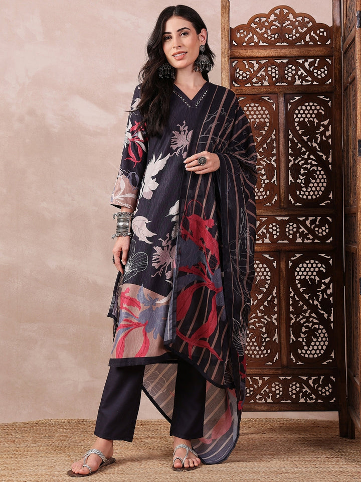 ZERESOUQ-Black-Silk-Blend-Floral-Print-3-Piece-Kurta-Set
