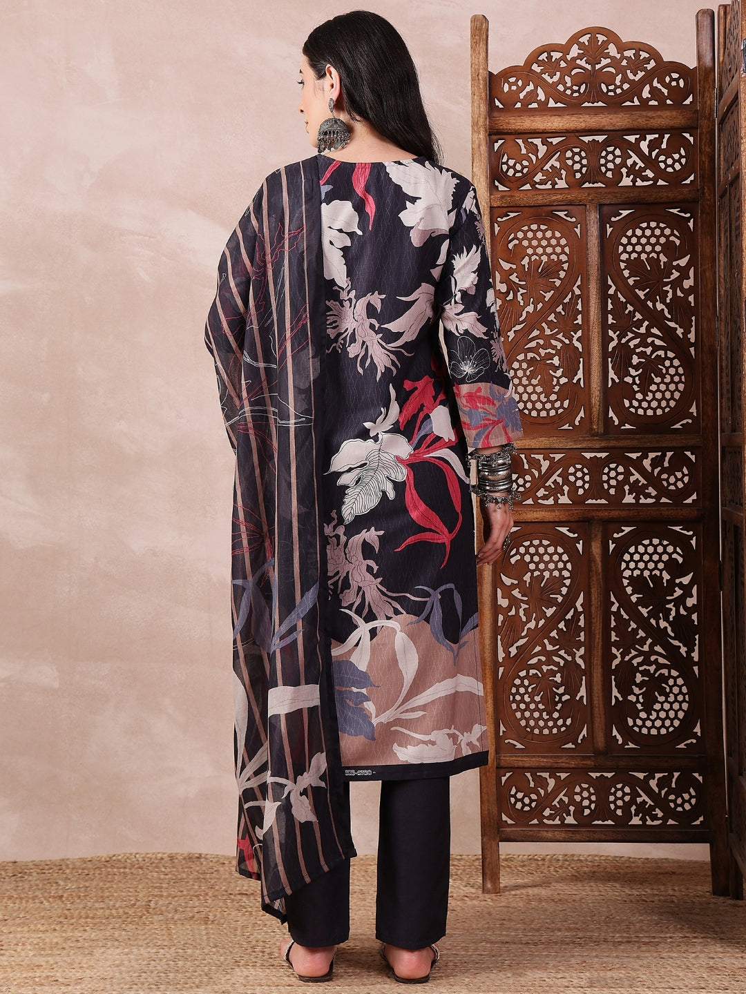 ZERESOUQ-Black-Silk-Blend-Floral-Print-3-Piece-Kurta-Set