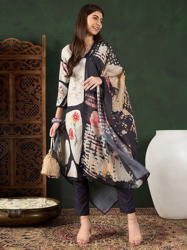 Black-Silk-Blend-Floral-Printed-3-Piece-Kurta-Set