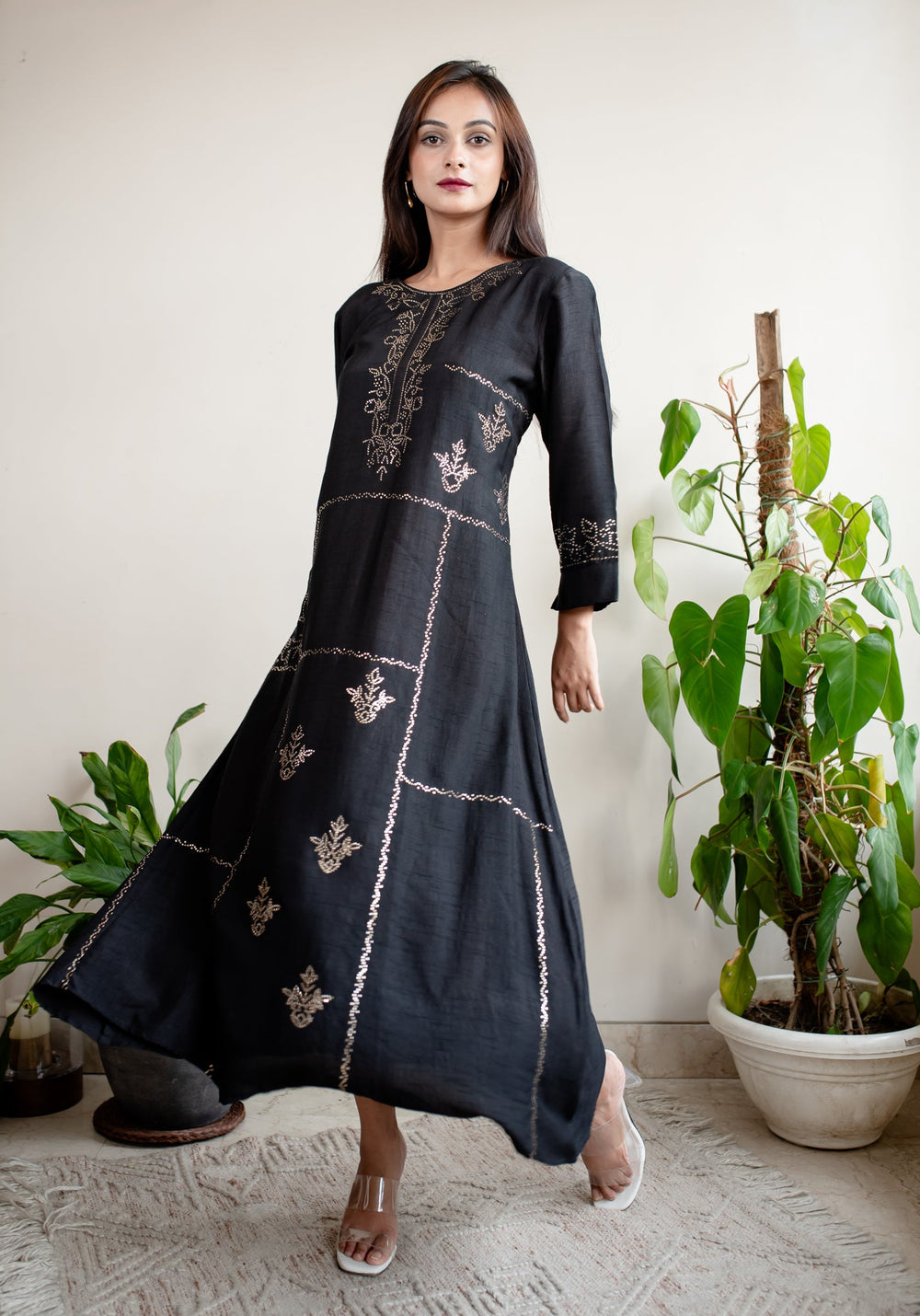 Black-Silk-Mukaish-A-Line-Dress