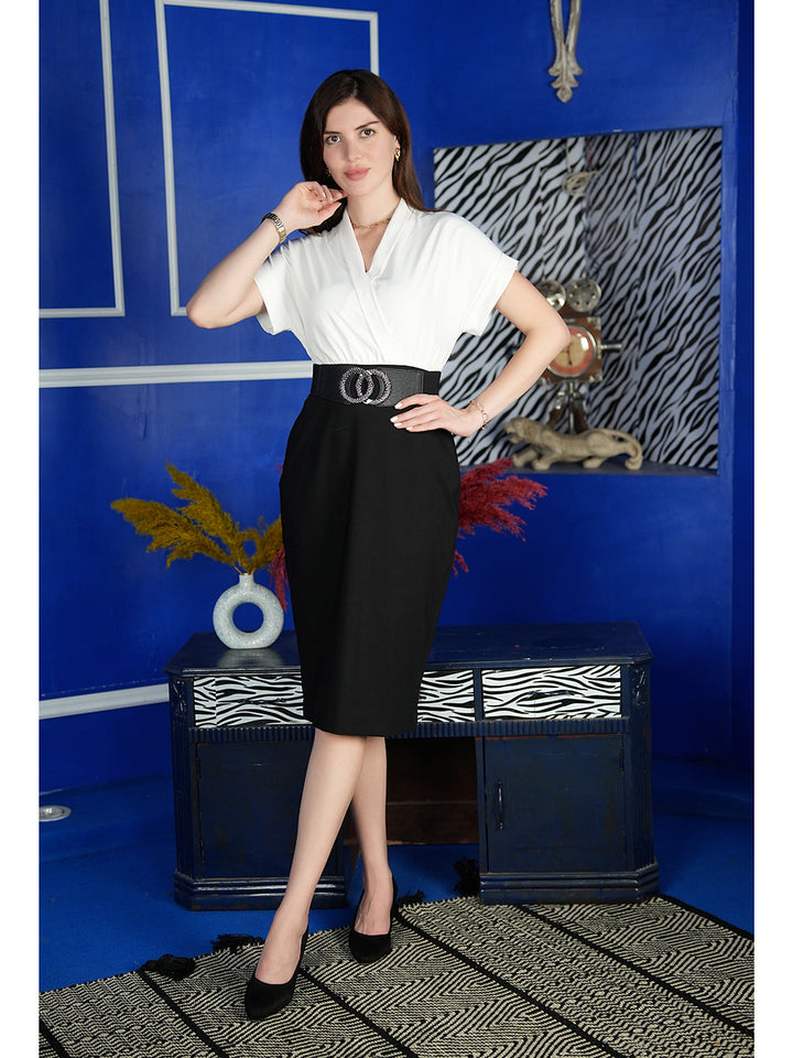 Black-Spandex-Sparkling-Color-Block-Blouson-Dress-With-Belt
