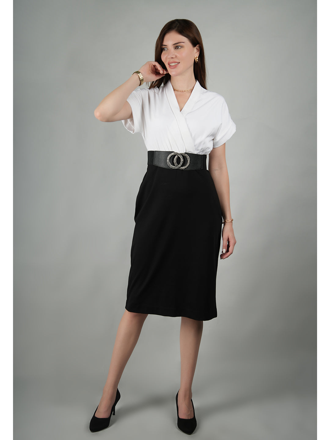 Black-Spandex-Sparkling-Color-Block-Blouson-Dress-With-Belt