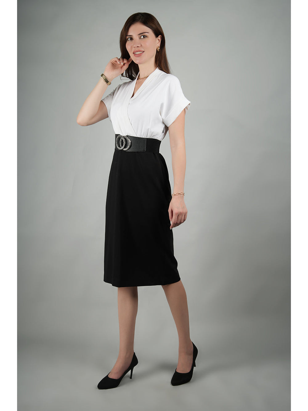 Black-Spandex-Sparkling-Color-Block-Blouson-Dress-With-Belt