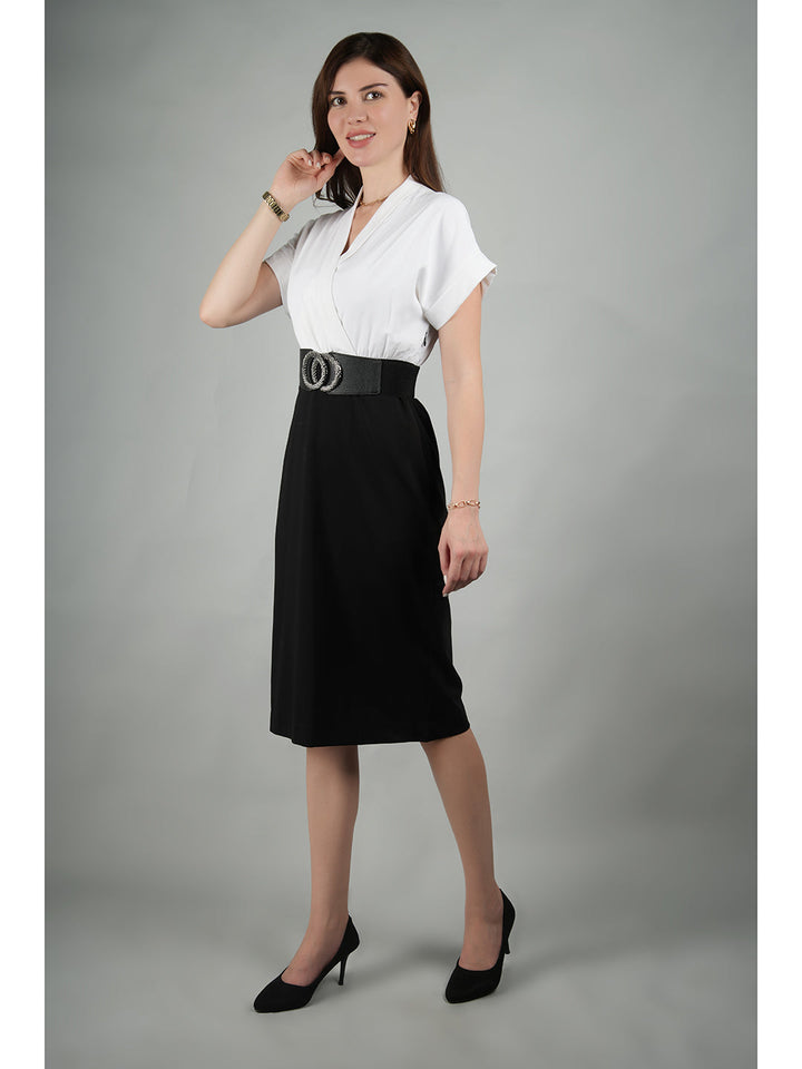 Black-Spandex-Sparkling-Color-Block-Blouson-Dress-With-Belt