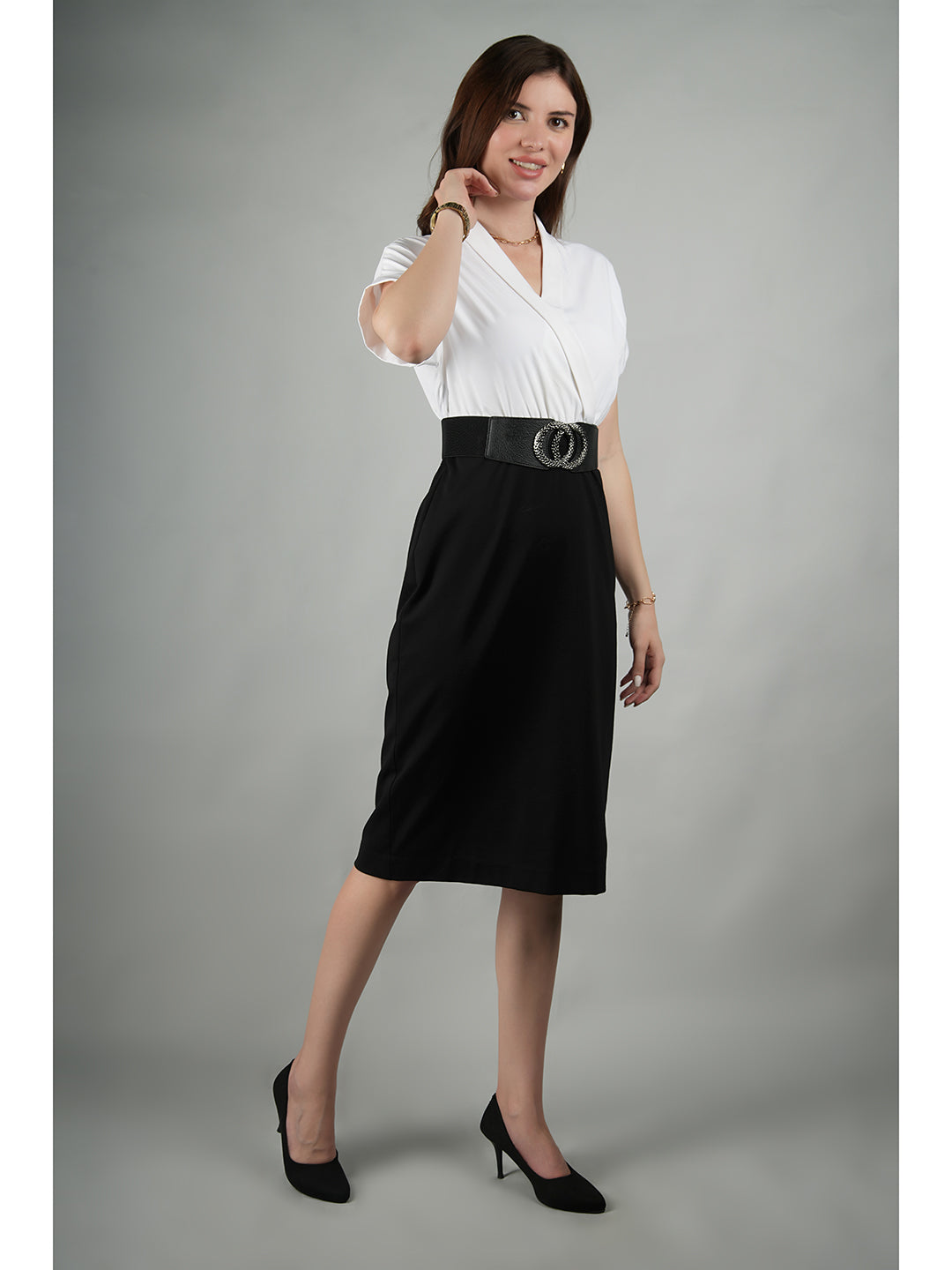Black-Spandex-Sparkling-Color-Block-Blouson-Dress-With-Belt