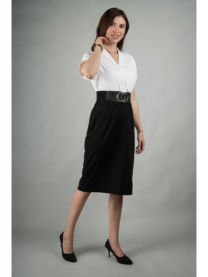 Black-Spandex-Sparkling-Color-Block-Blouson-Dress-With-Belt