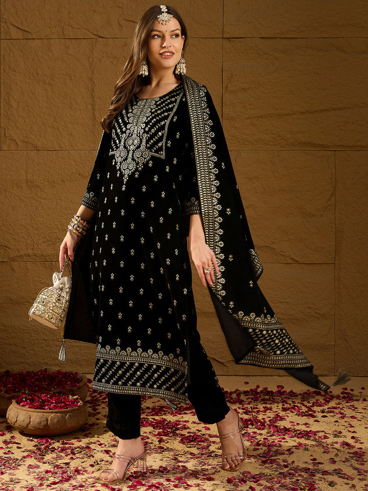 Black Velvet Ethnic Motifs Printed Straight 3-Piece Suit Set