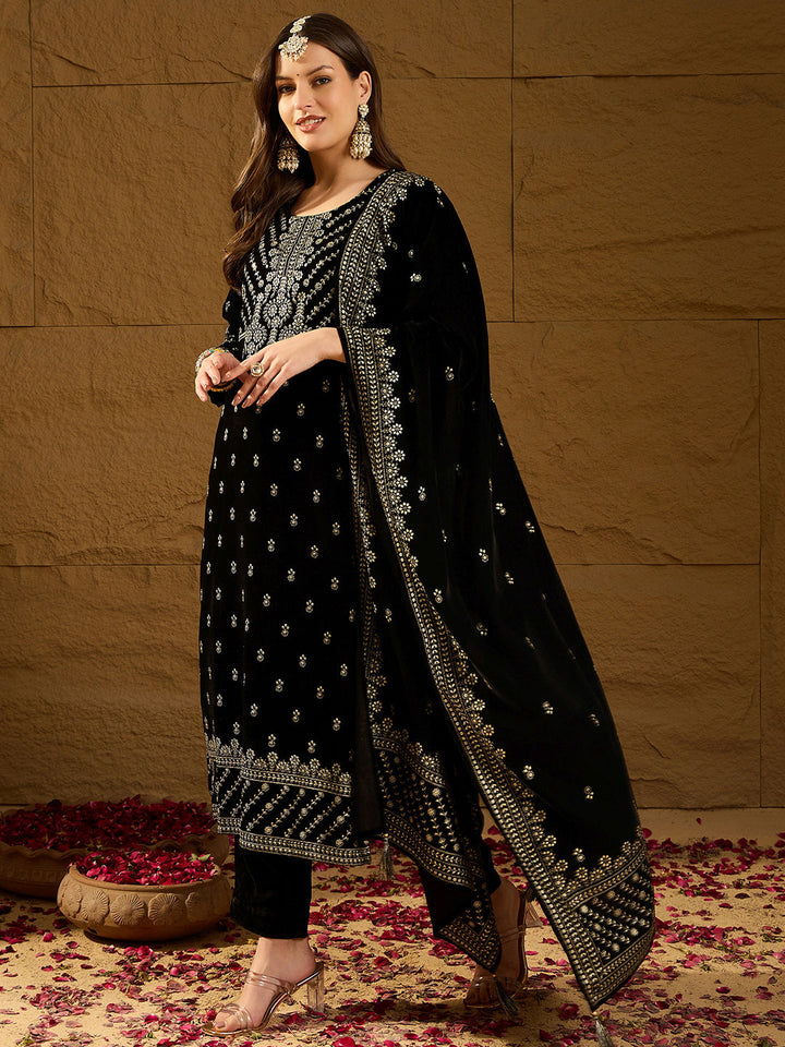 Black Velvet Ethnic Motifs Printed Straight 3-Piece Suit Set