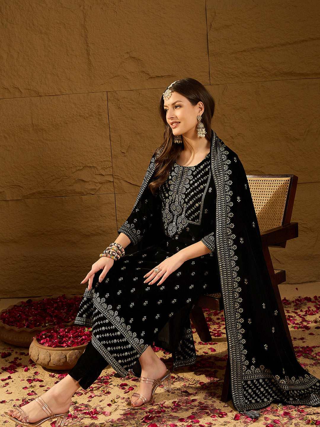 Black Velvet Ethnic Motifs Printed Straight 3-Piece Suit Set