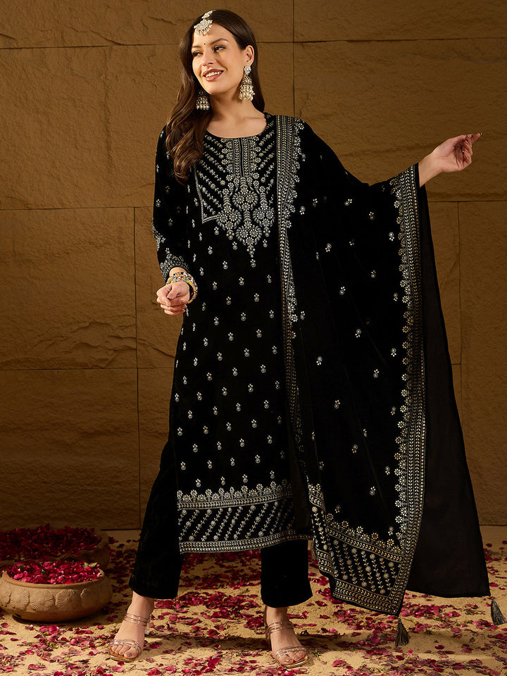 Black Velvet Ethnic Motifs Printed Straight 3-Piece Suit Set