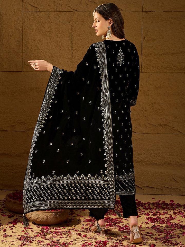 Black Velvet Ethnic Motifs Printed Straight 3-Piece Suit Set