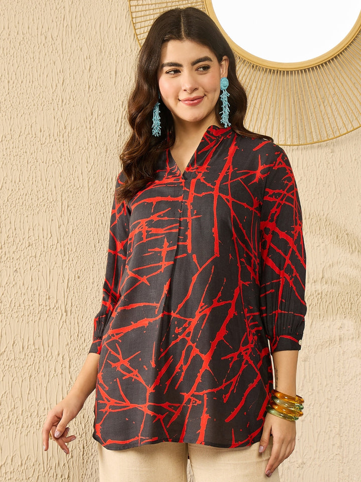 Black Viscose Rayon Abstract Printed Tunic Top