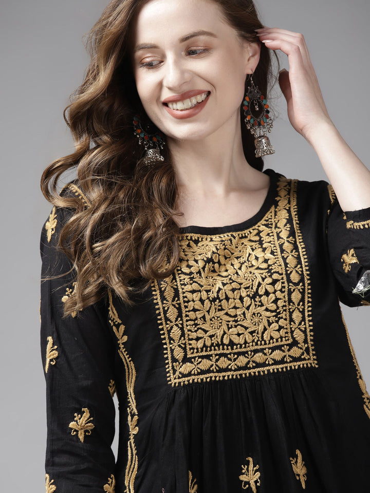 Black & Beige Cotton A-Line Chikankari Tunic