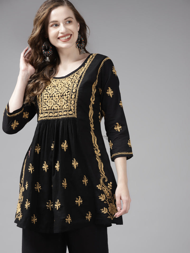 Black & Beige Cotton A-Line Chikankari Tunic