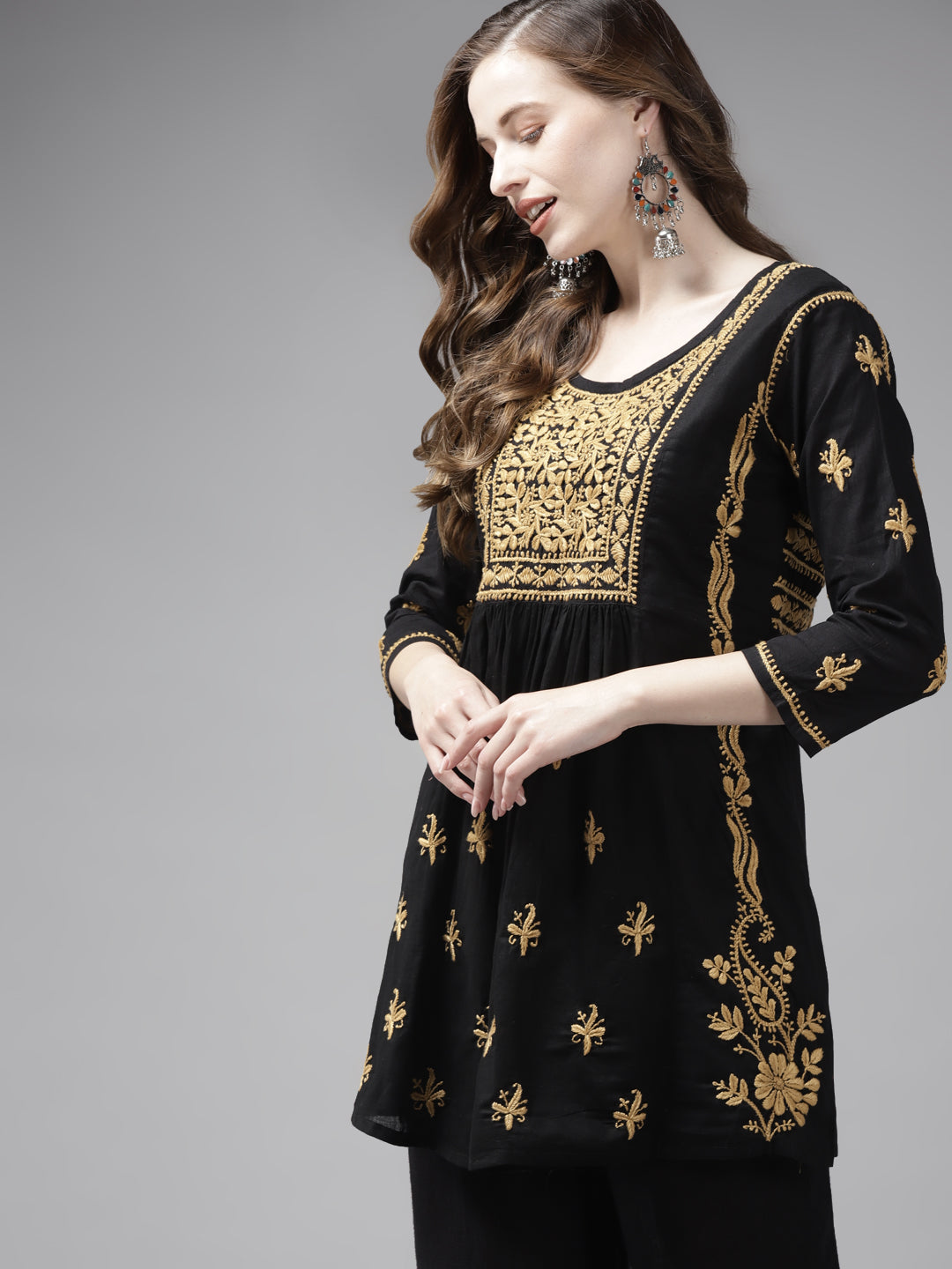 Black & Beige Cotton A-Line Chikankari Tunic