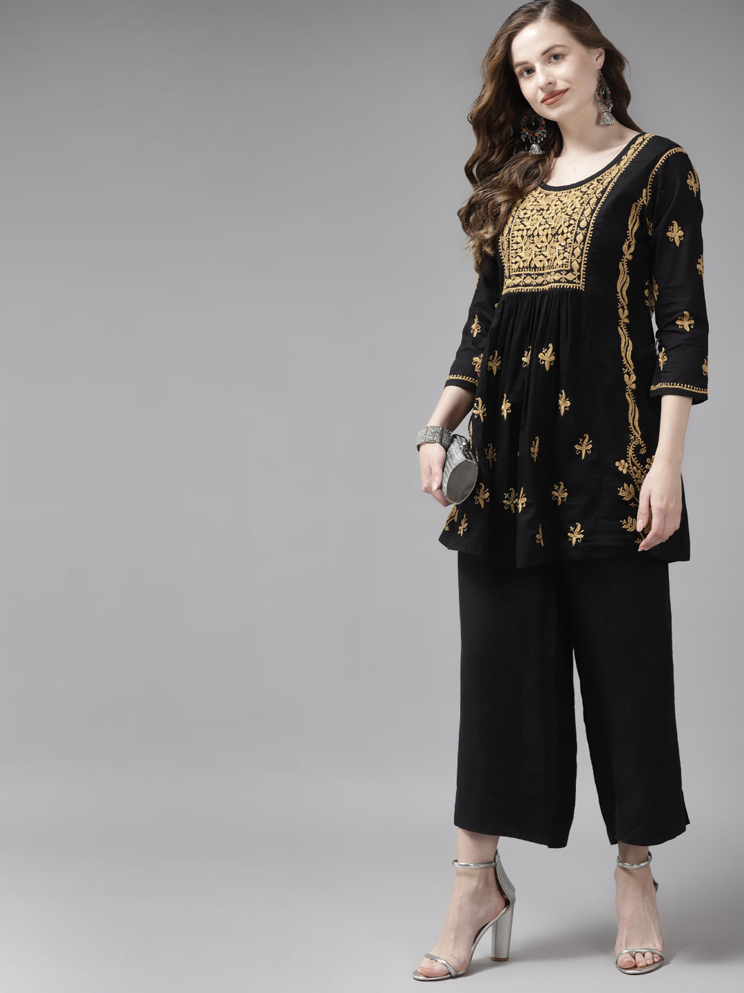 Black & Beige Cotton A-Line Chikankari Tunic