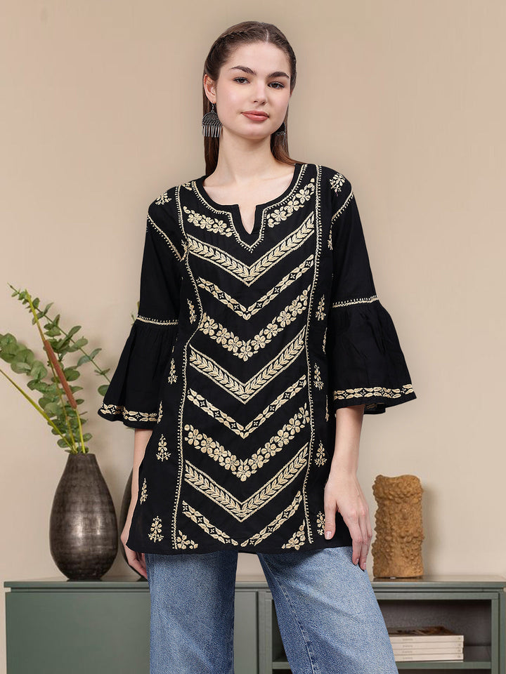 Black-&-Beige-Cotton-Embroidered-Lucknowi-Chikankari-Tunic