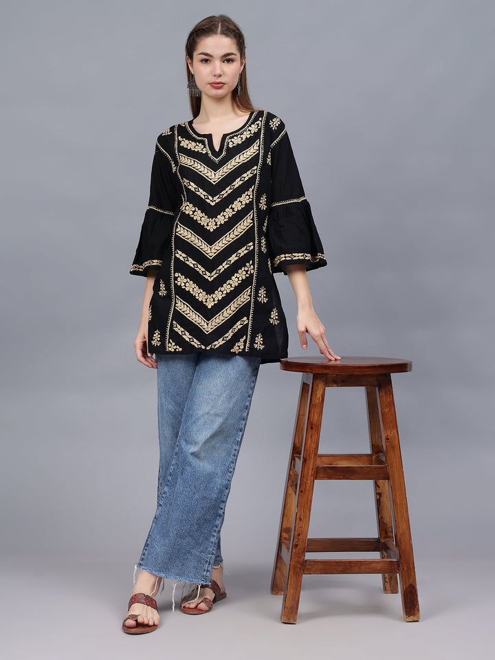 Black-&-Beige-Cotton-Embroidered-Lucknowi-Chikankari-Tunic