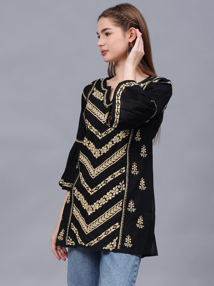 Black-&-Beige-Cotton-Embroidered-Lucknowi-Chikankari-Tunic