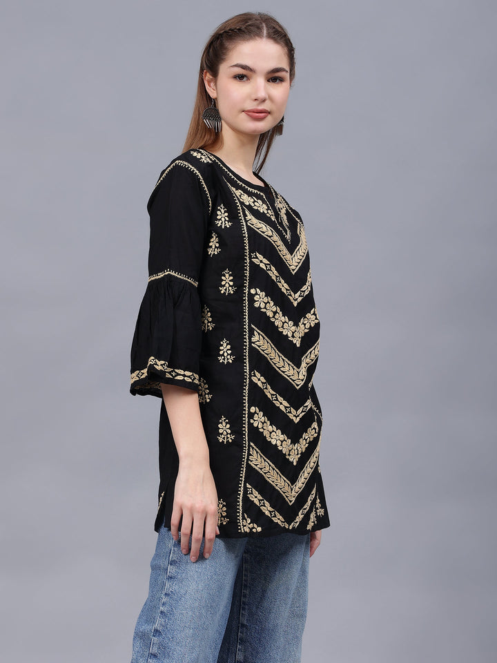 Black-&-Beige-Cotton-Embroidered-Lucknowi-Chikankari-Tunic