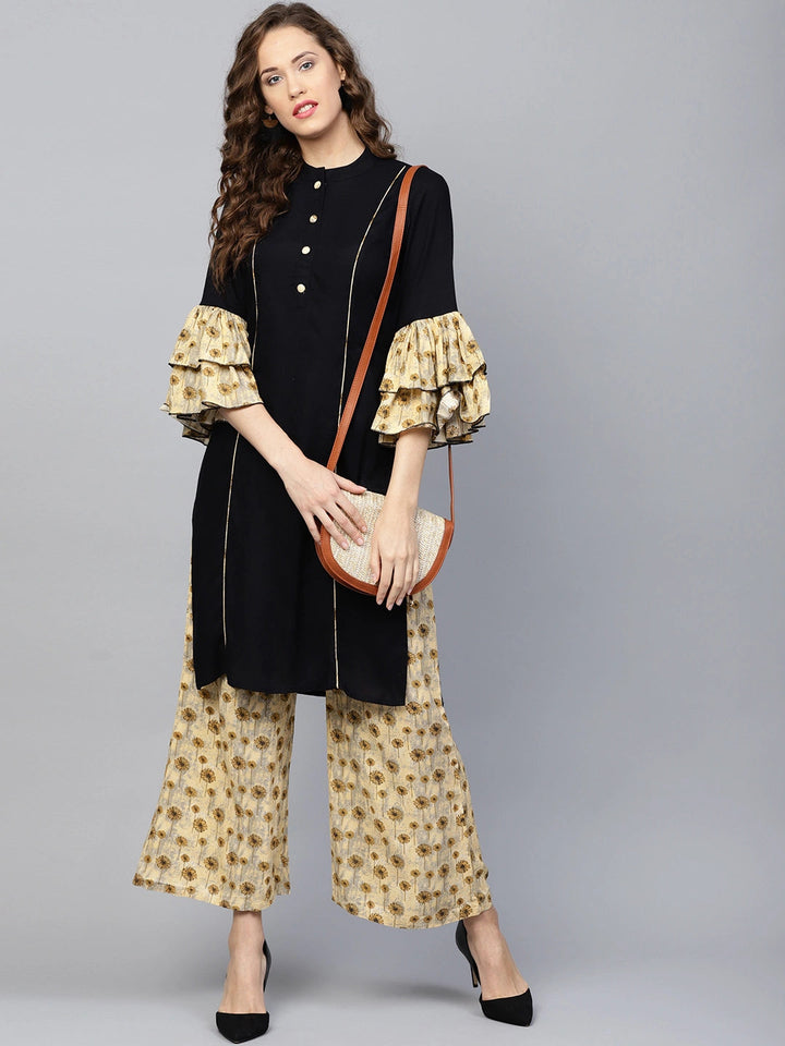 Black-&-Beige-Rayon-Solid-Kurta