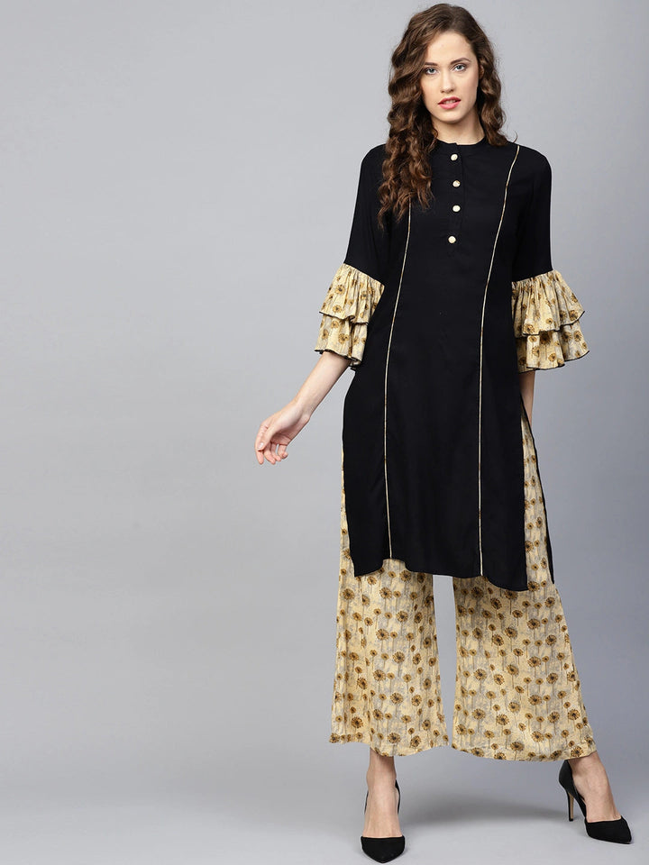 Black-&-Beige-Rayon-Solid-Kurta