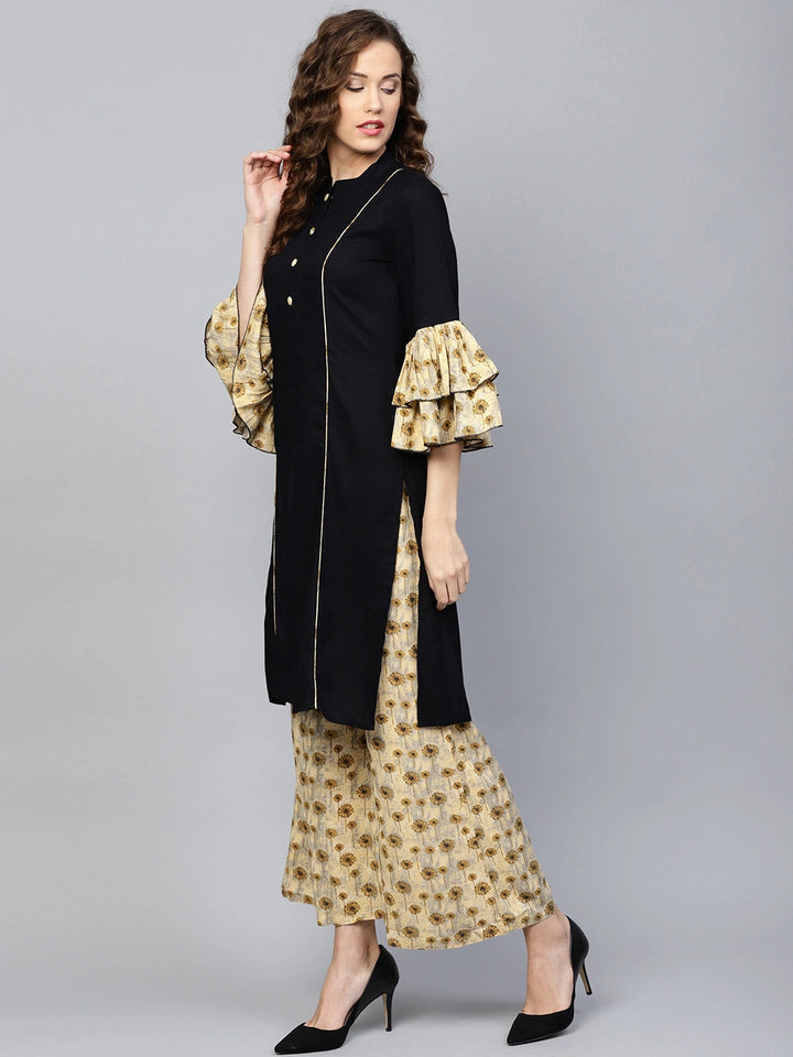 Black-&-Beige-Rayon-Solid-Kurta