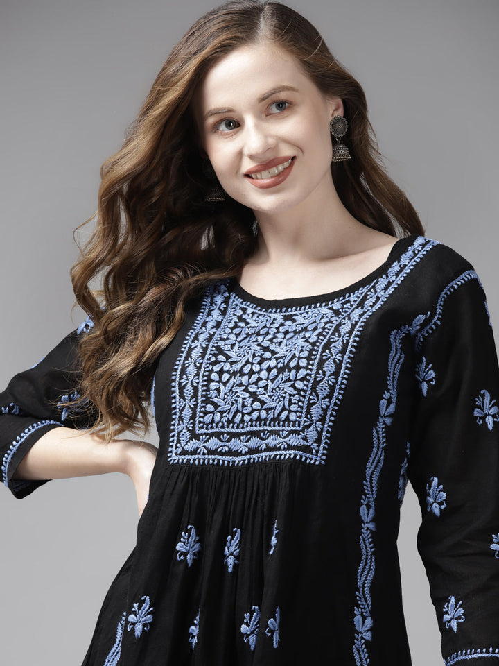 Black & Blue Cotton A-Line Chikankari Tunic