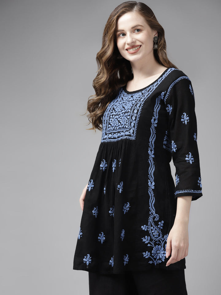 Black & Blue Cotton A-Line Chikankari Tunic