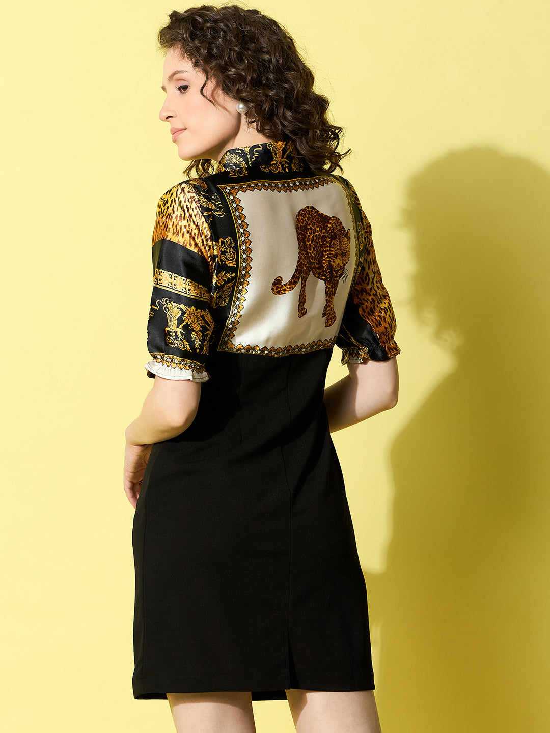 Black-&-Brown-Denim-Animal-Print-Bodycon-Dress