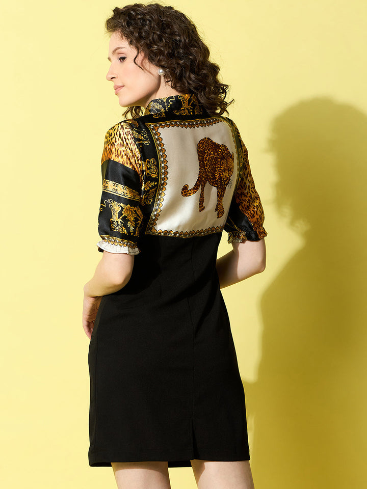 Black-&-Brown-Denim-Animal-Print-Bodycon-Dress