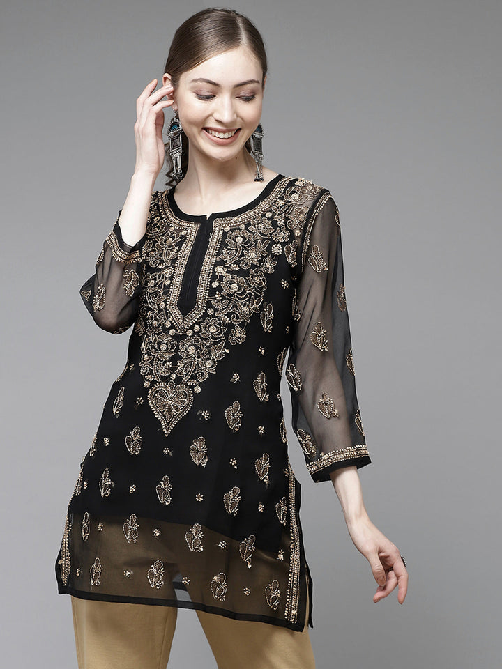 Black & Fawn Georgette Chikankari Tunic With Slip