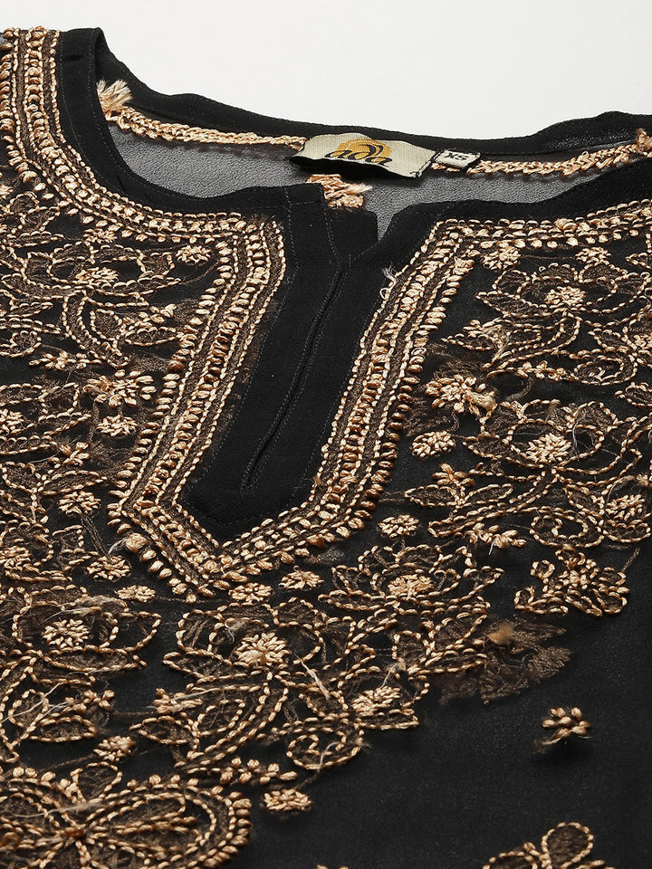 Black & Fawn Georgette Chikankari Tunic With Slip